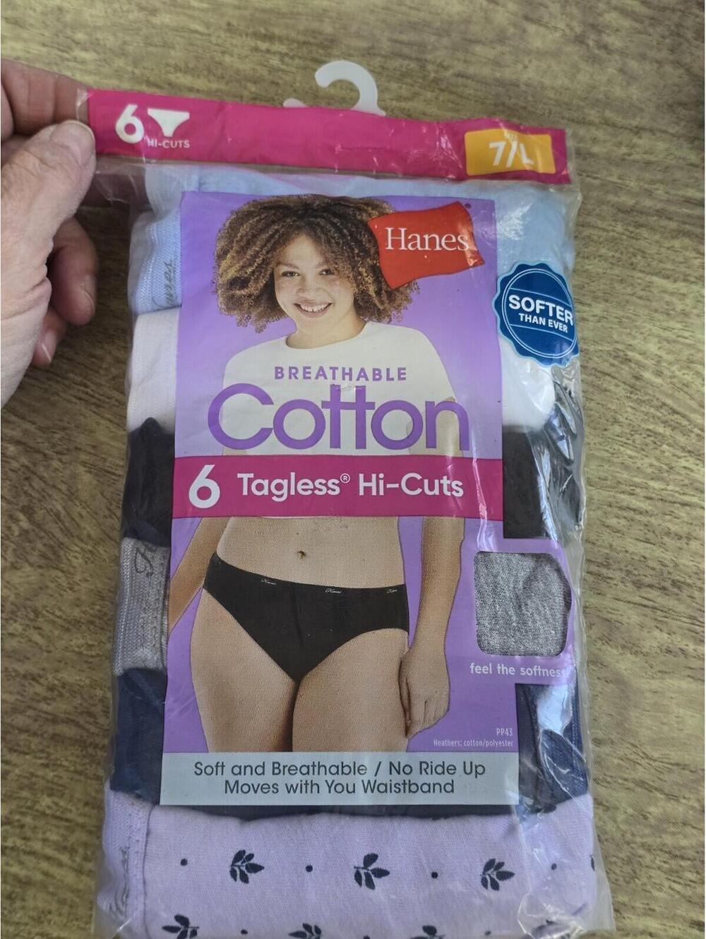 Hanes Women’s Cotton Tagless Hi-Cut Panties Size 7/L, 6 Pack Breathable Open Pk